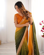 Teeya Creation Multi Color Chinnon Silk Embroidery Work Saree
