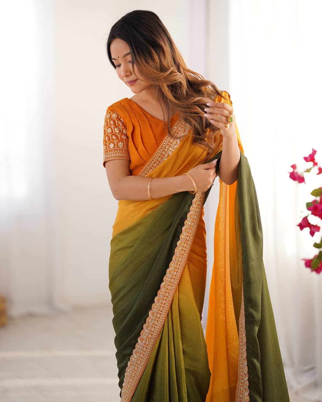 Teeya Creation Multi Color Chinnon Silk Embroidery Work Saree