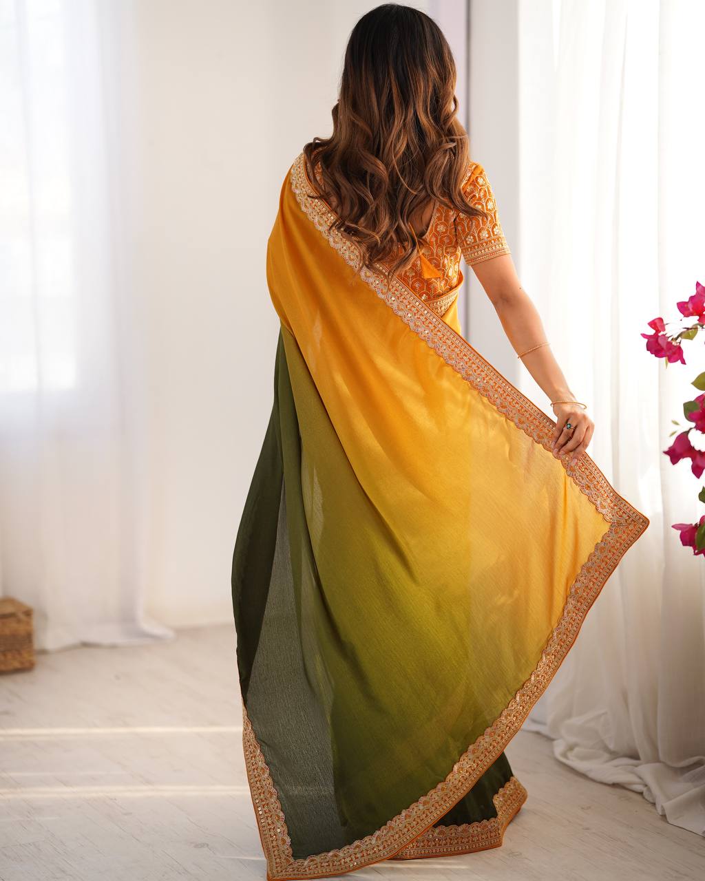 Teeya Creation Multi Color Chinnon Silk Embroidery Work Saree