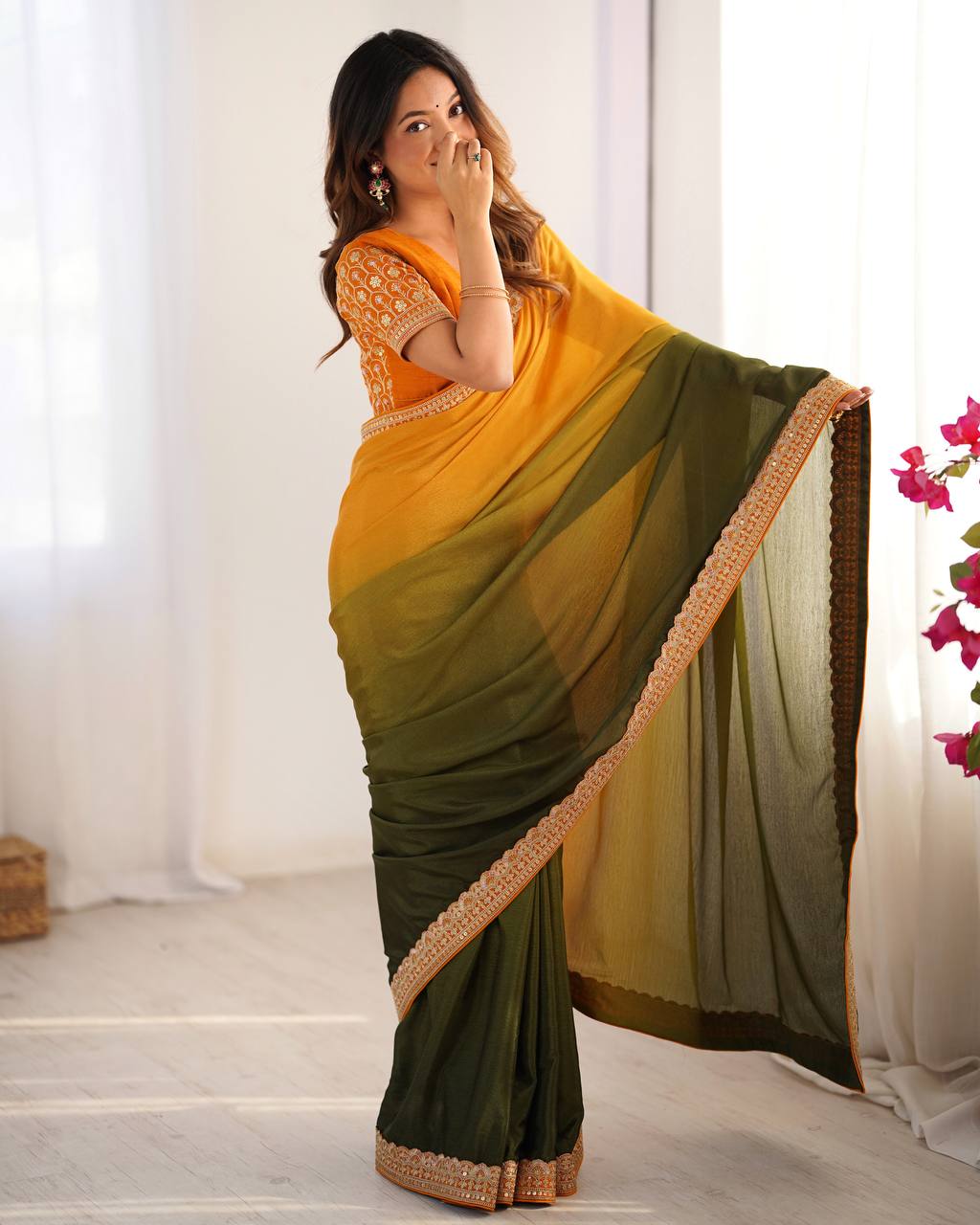 Teeya Creation Multi Color Chinnon Silk Embroidery Work Saree