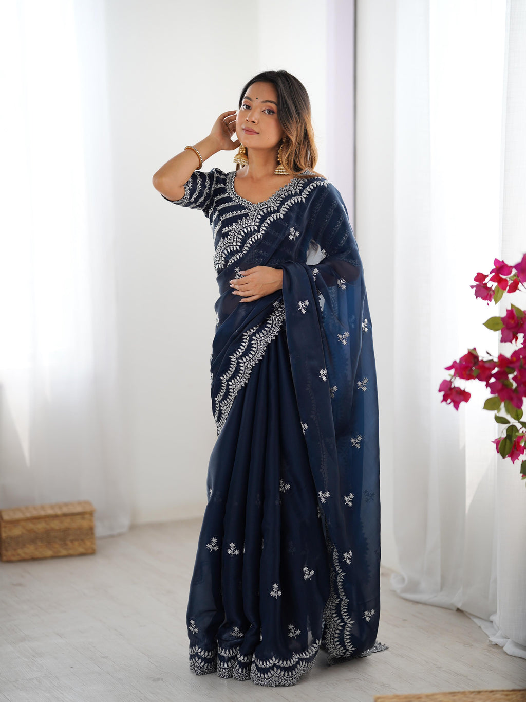 Teeya Creation Navy Blue Color Jimichhu Silk Embroidery Work Saree