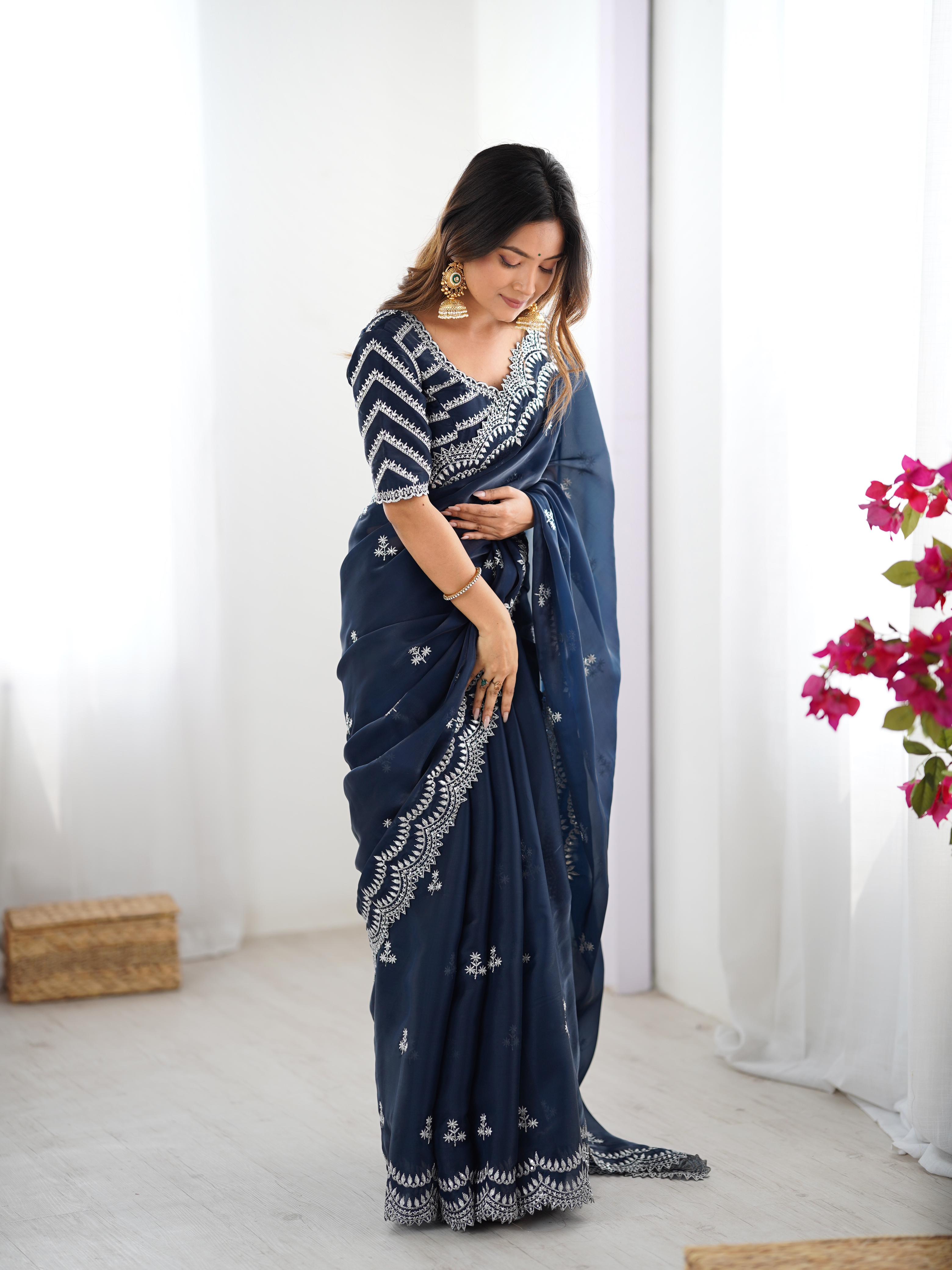 Teeya Creation Navy Blue Color Jimichhu Silk Embroidery Work Saree