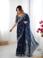 Teeya Creation Navy Blue Color Jimichhu Silk Embroidery Work Saree