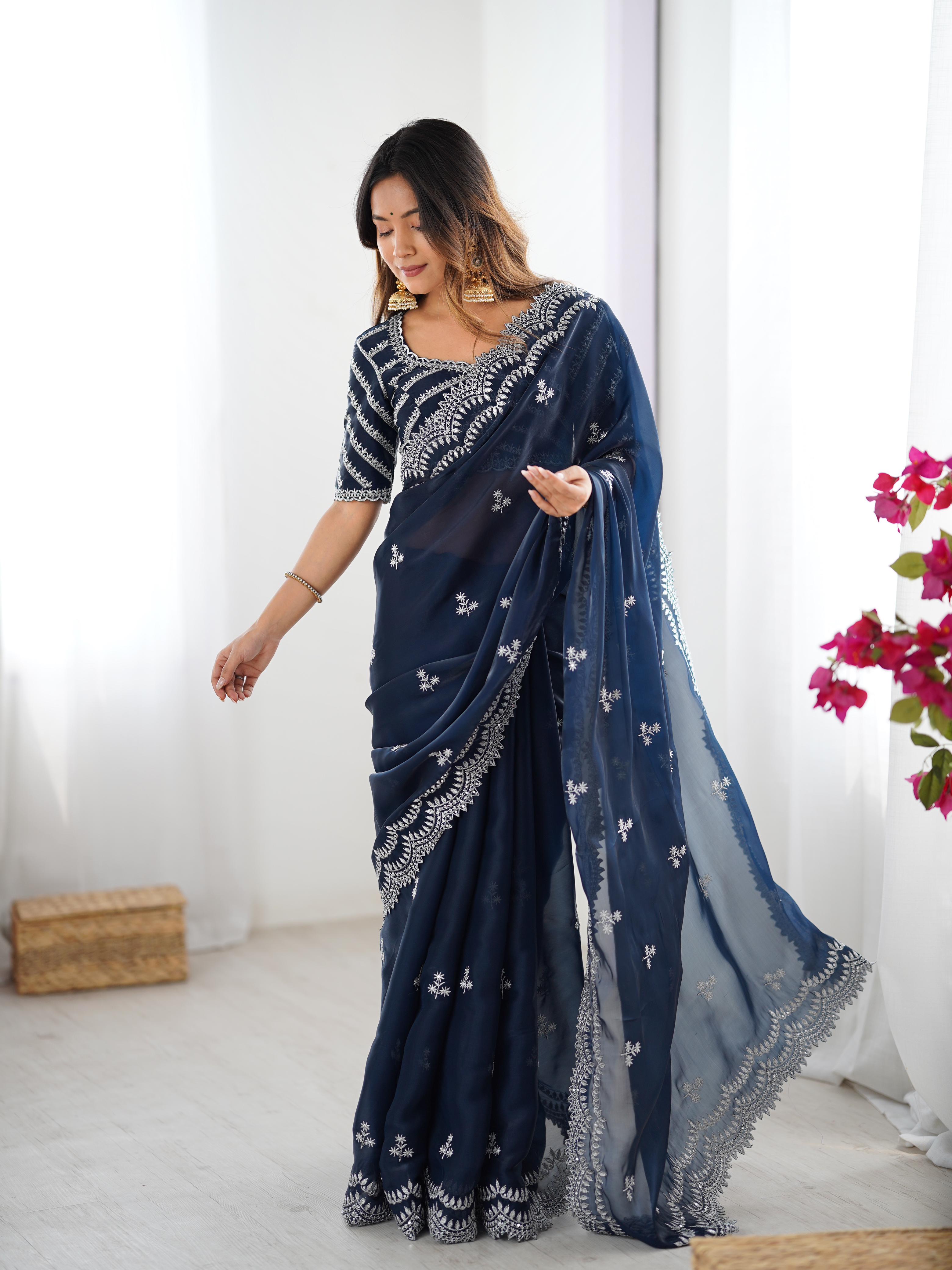 Teeya Creation Navy Blue Color Jimichhu Silk Embroidery Work Saree