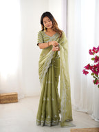 Teeya Creation Pista Color Jimichhu Silk Embroidery Work Saree
