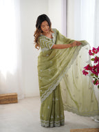 Teeya Creation Pista Color Jimichhu Silk Embroidery Work Saree