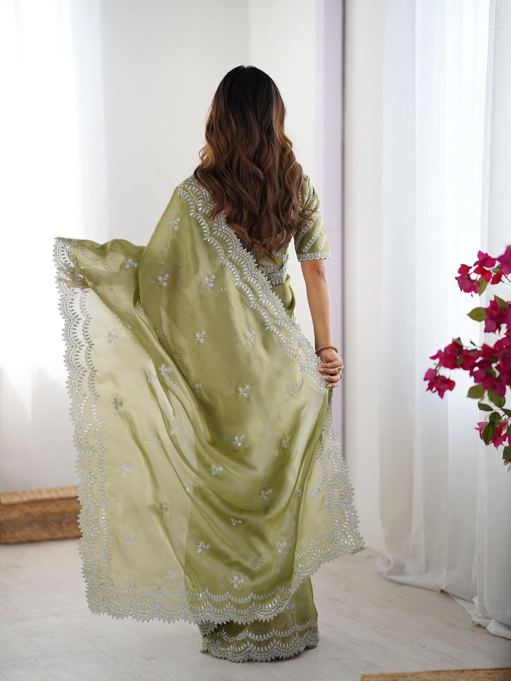 Teeya Creation Pista Color Jimichhu Silk Embroidery Work Saree