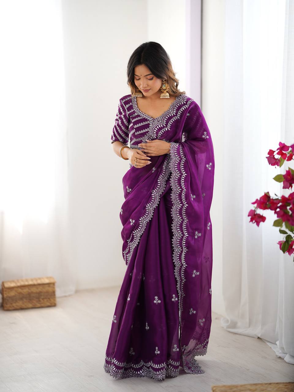 Teeya Creation Purple Color Jimichhu Silk Embroidery Work Saree