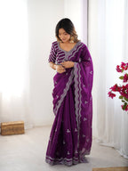 Teeya Creation Purple Color Jimichhu Silk Embroidery Work Saree