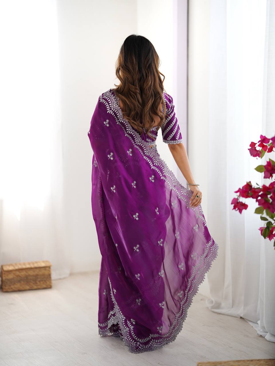 Teeya Creation Purple Color Jimichhu Silk Embroidery Work Saree