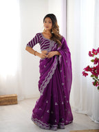Teeya Creation Purple Color Jimichhu Silk Embroidery Work Saree