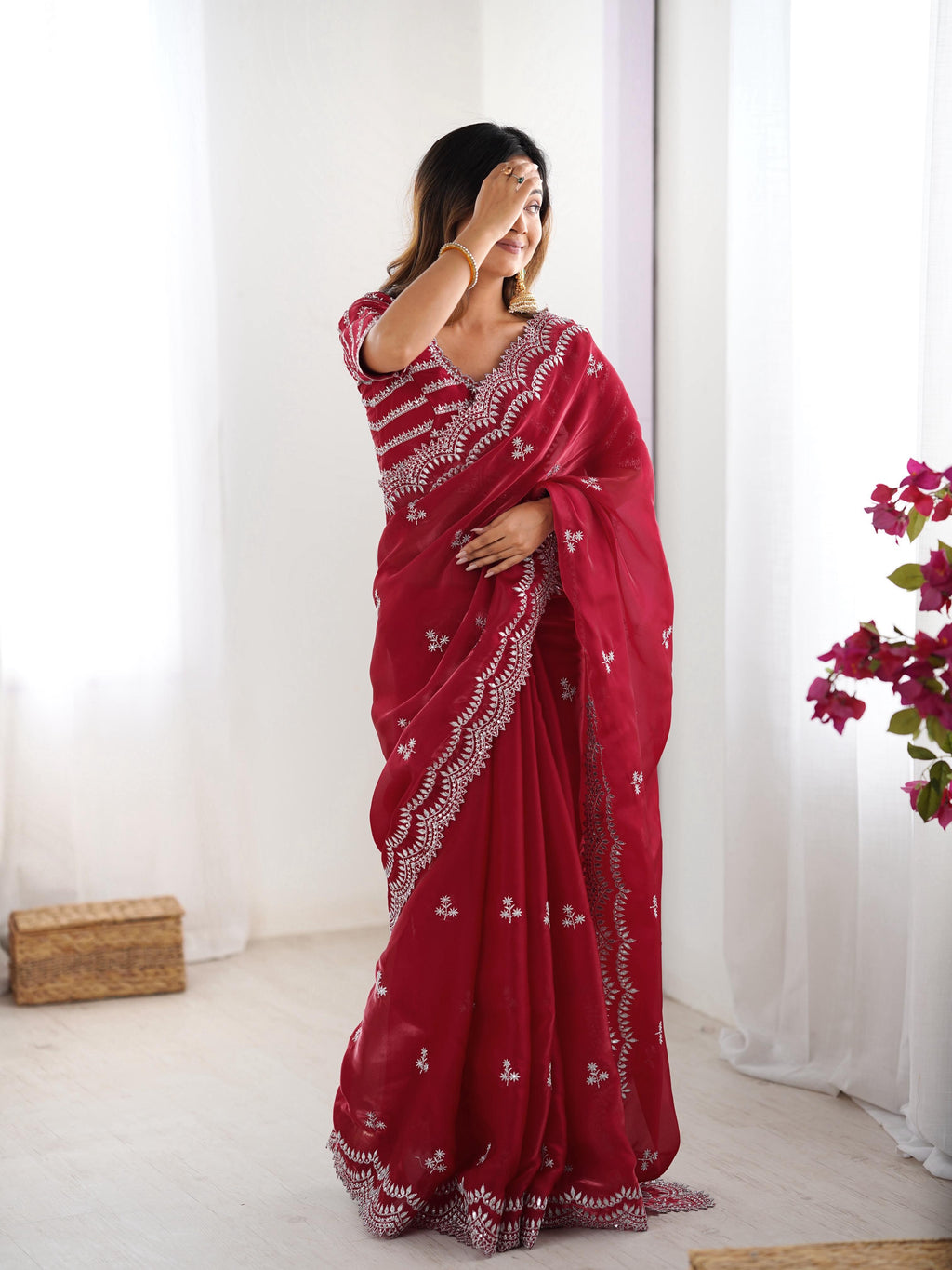 Teeya Creation Red Color Jimichhu Silk Embroidery Work Saree