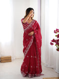 Teeya Creation Red Color Jimichhu Silk Embroidery Work Saree