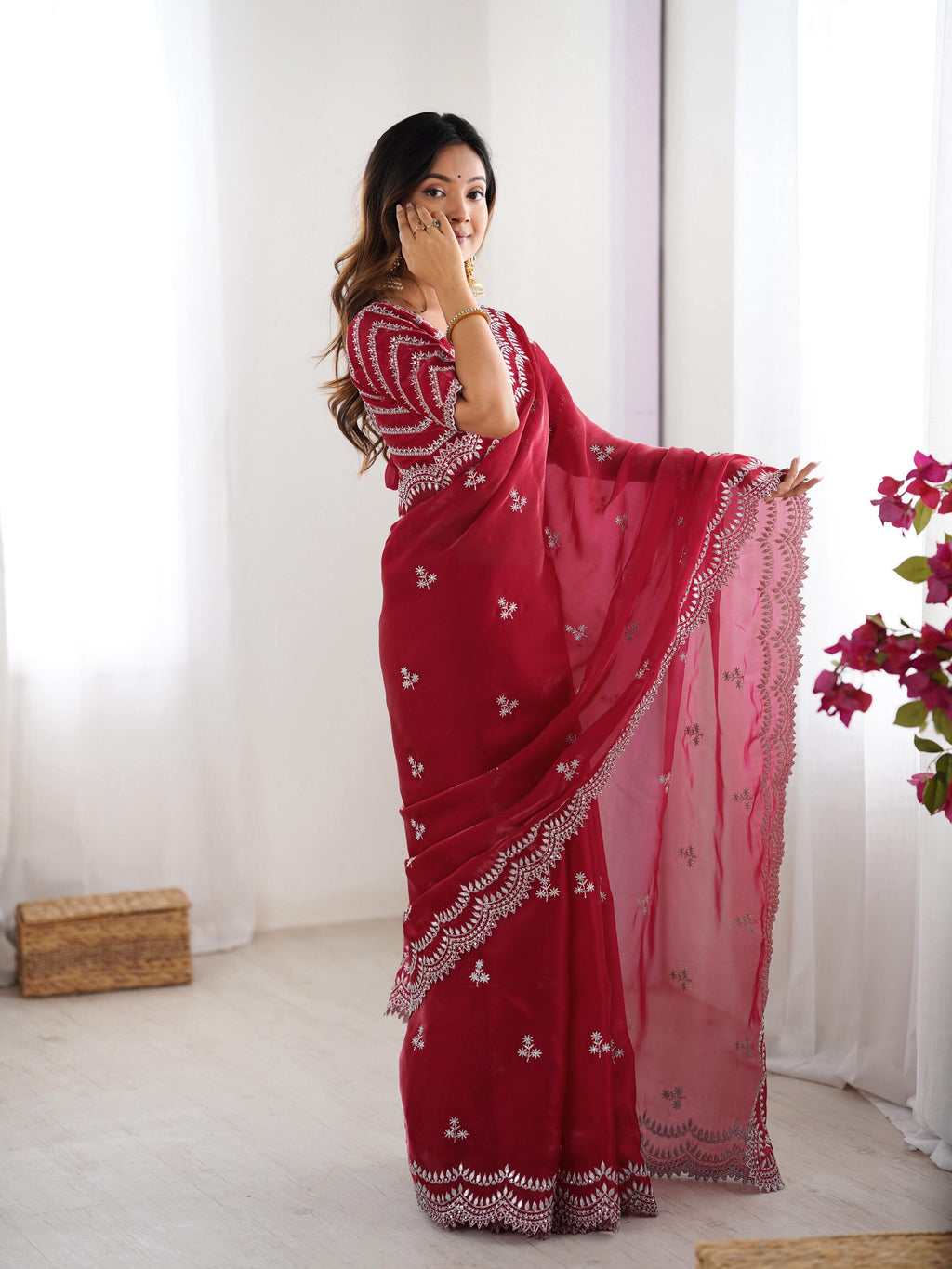 Teeya Creation Red Color Jimichhu Silk Embroidery Work Saree