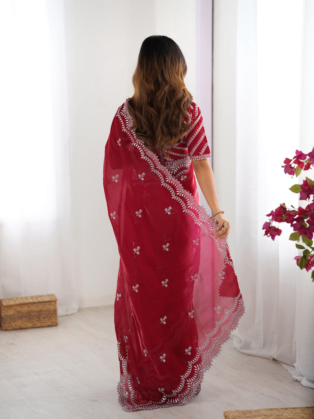 Teeya Creation Red Color Jimichhu Silk Embroidery Work Saree