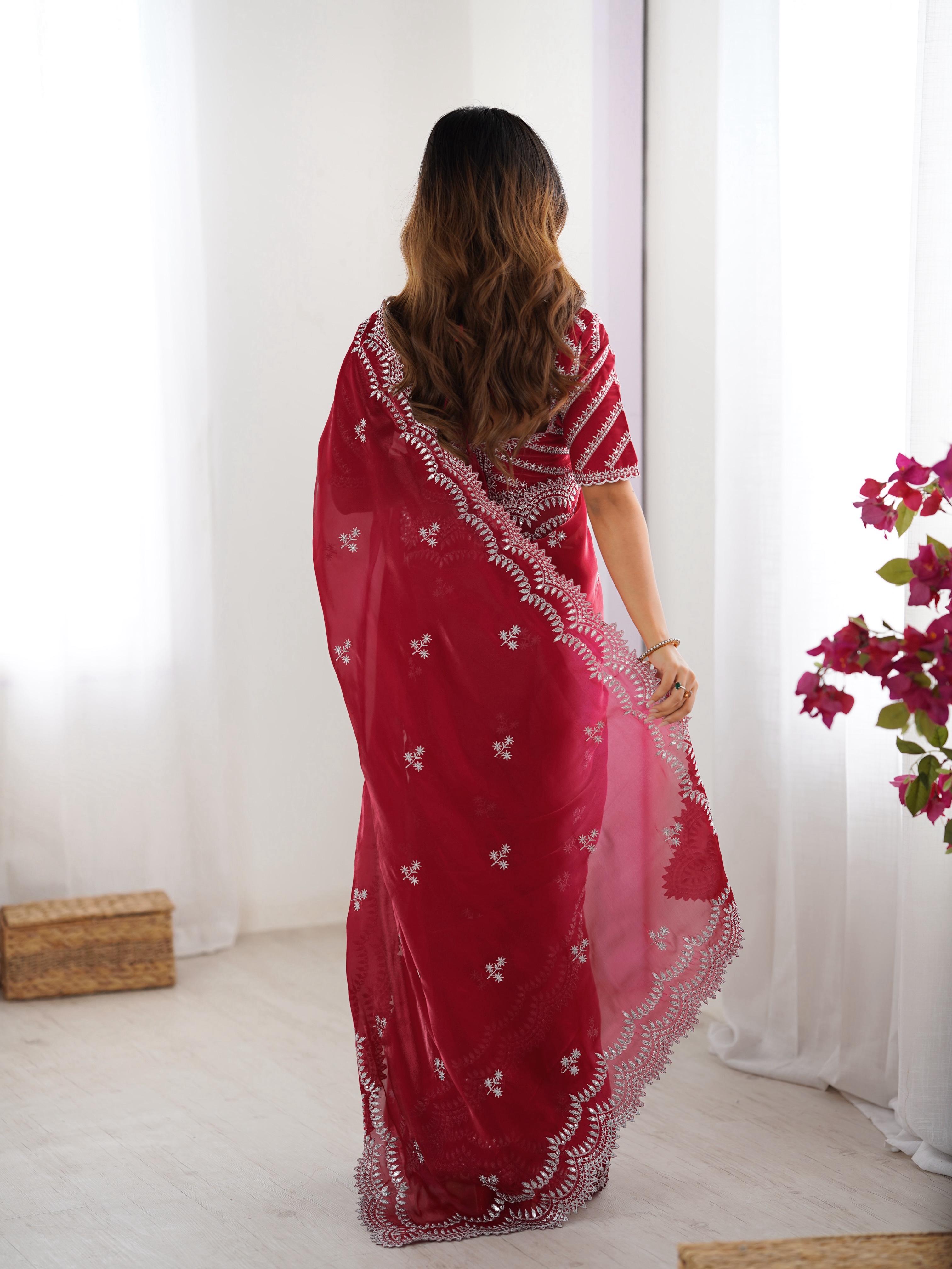 Teeya Creation Red Color Jimichhu Silk Embroidery Work Saree