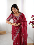 Teeya Creation Red Color Jimichhu Silk Embroidery Work Saree
