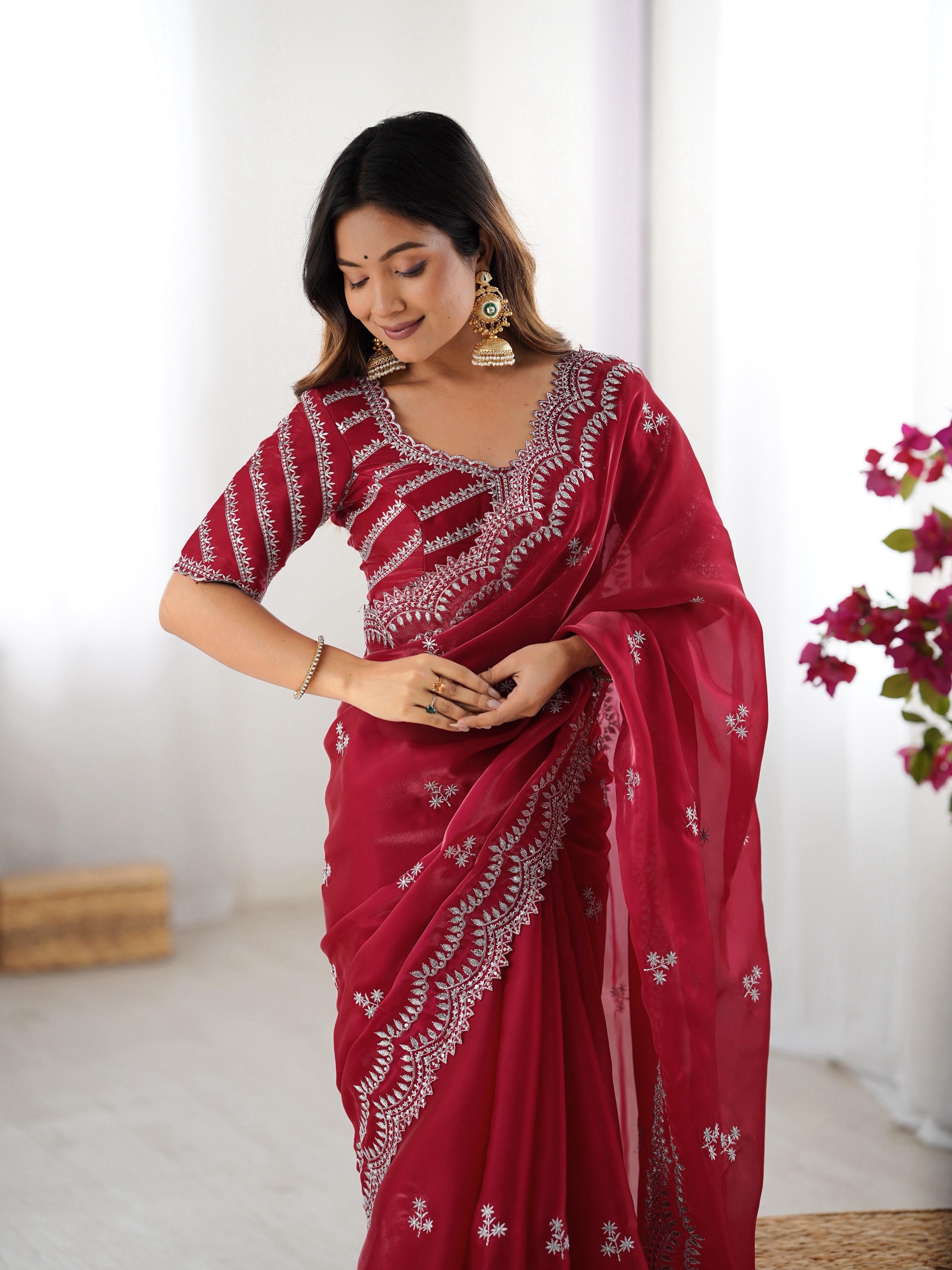Teeya Creation Red Color Jimichhu Silk Embroidery Work Saree