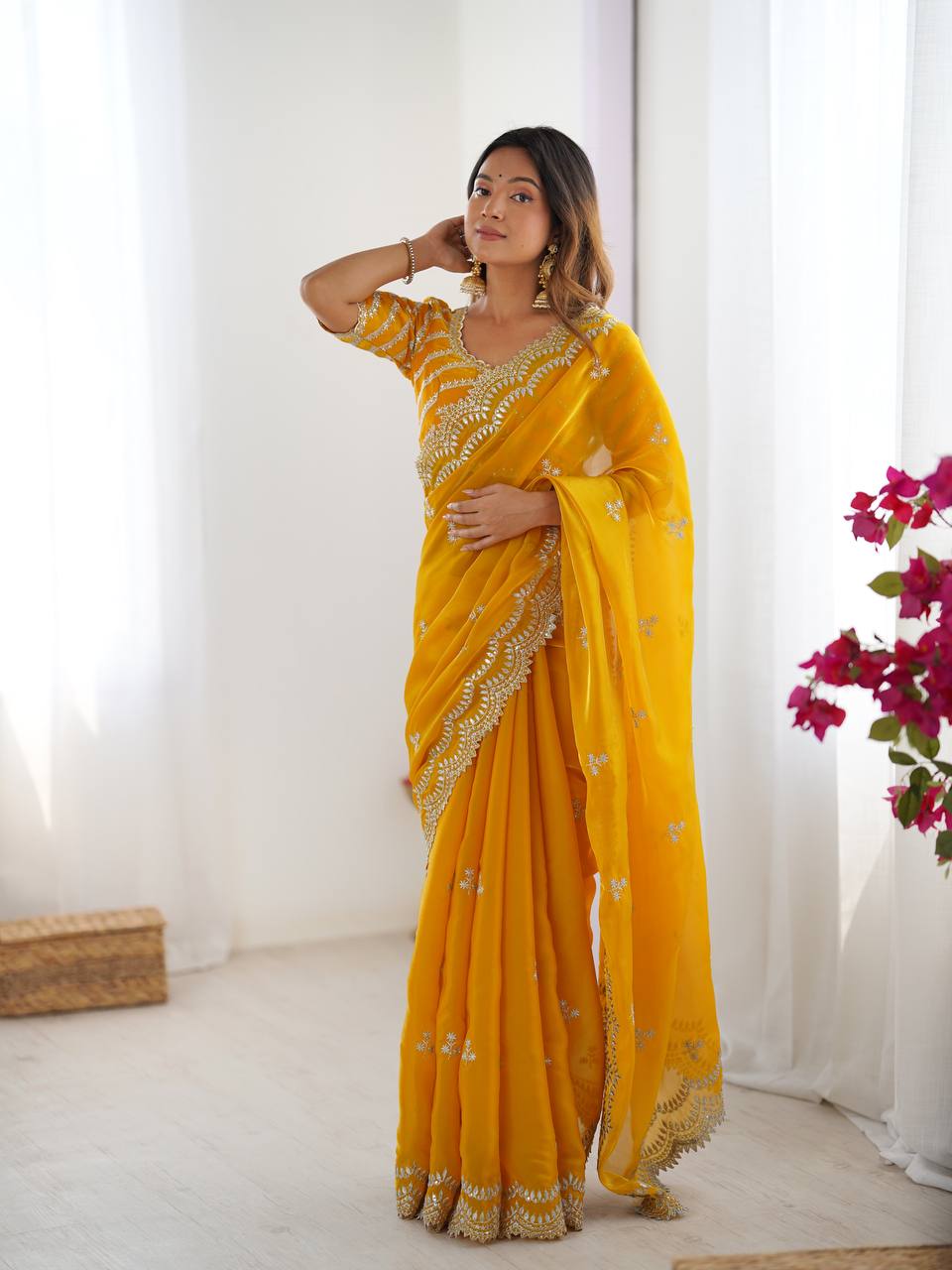Teeya Creation yellow Color Jimichhu Silk Embroidery Work Saree