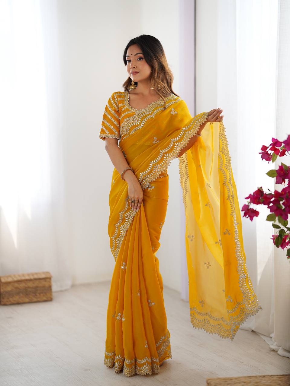 Teeya Creation yellow Color Jimichhu Silk Embroidery Work Saree