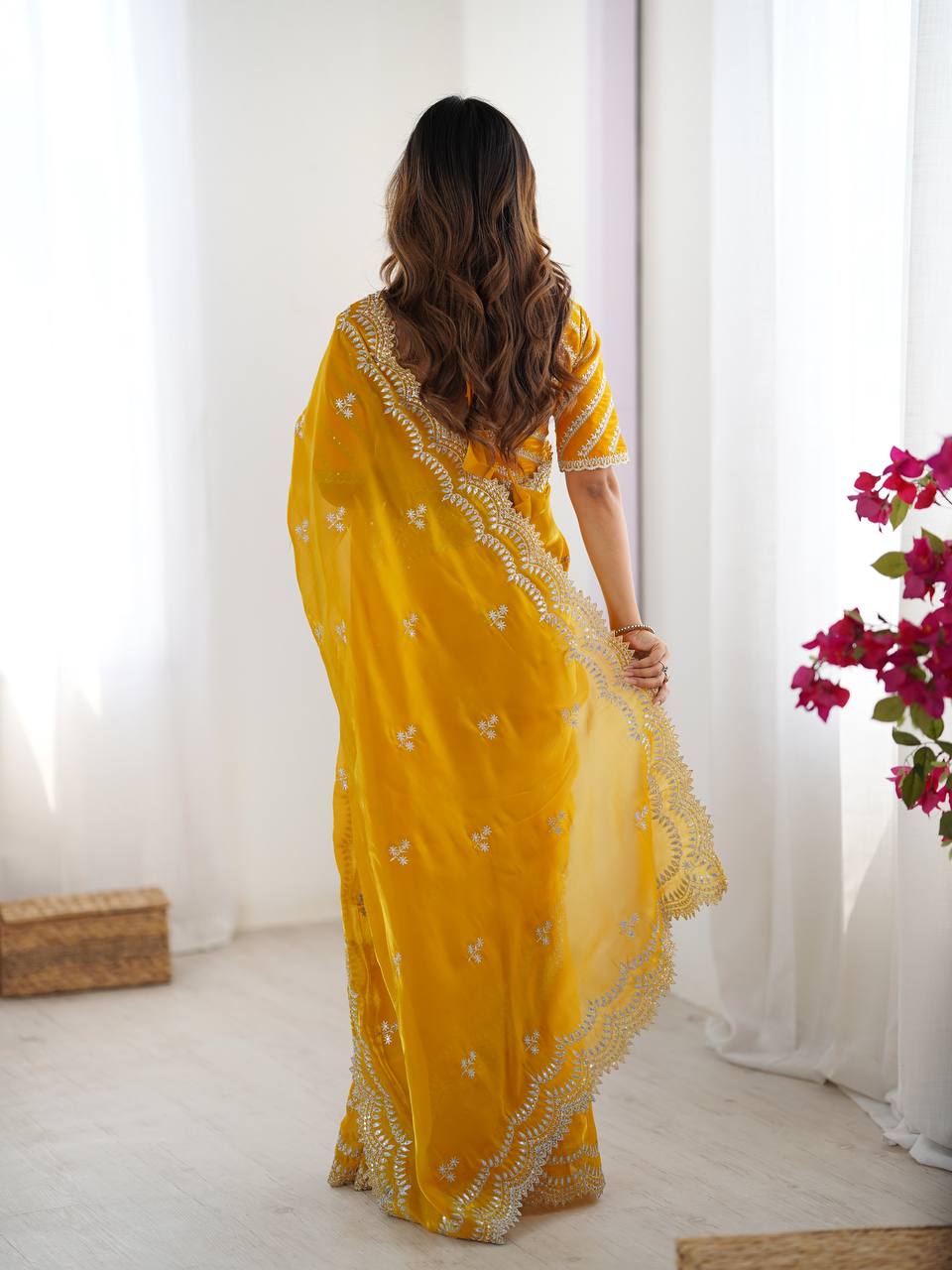 Teeya Creation yellow Color Jimichhu Silk Embroidery Work Saree