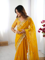 Teeya Creation yellow Color Jimichhu Silk Embroidery Work Saree