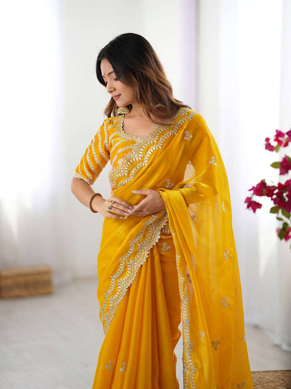 Teeya Creation yellow Color Jimichhu Silk Embroidery Work Saree