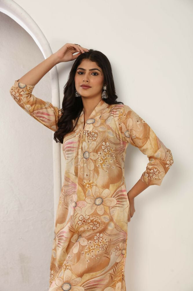 Jyoti Fashion Women's Beige Chanderi Silk Floral Print with Side Pocket Kurtis & Sets
