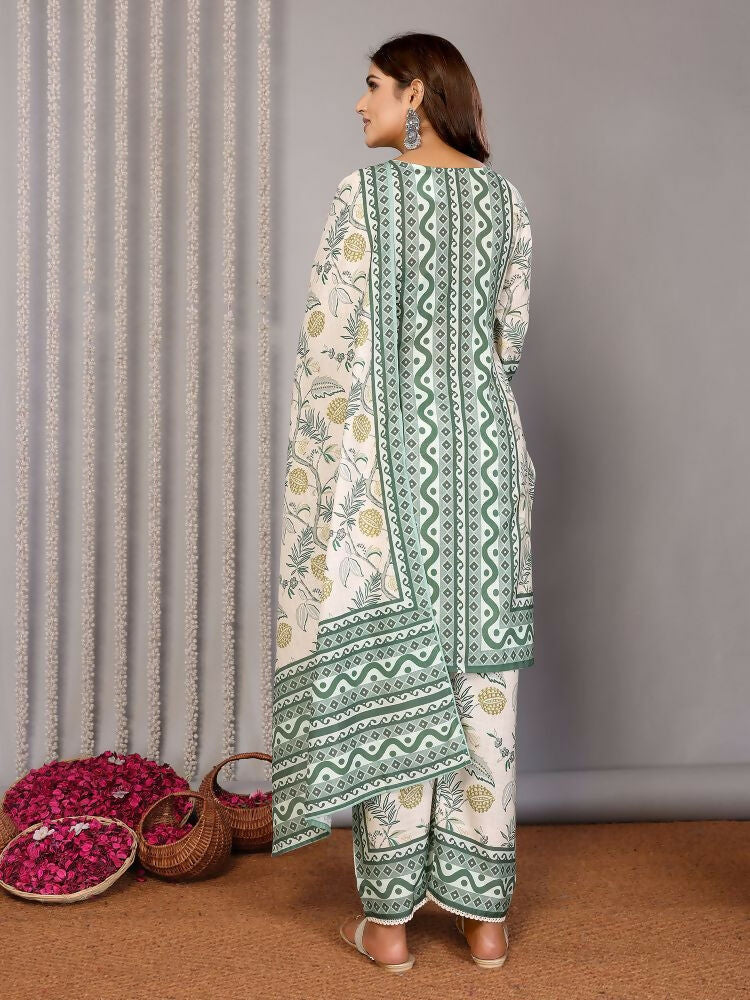 Joban Fashion Women Off White & Forest Green Linen Printed Stitched Kurta Set - Distacart