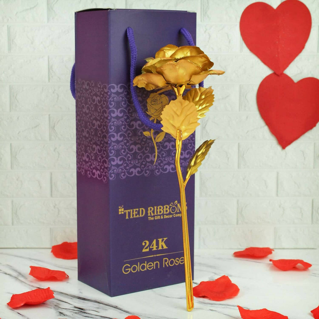 Tied Ribbons Gold-Polished Artificial Rose Flower With Box - Valentine's Day Gifts