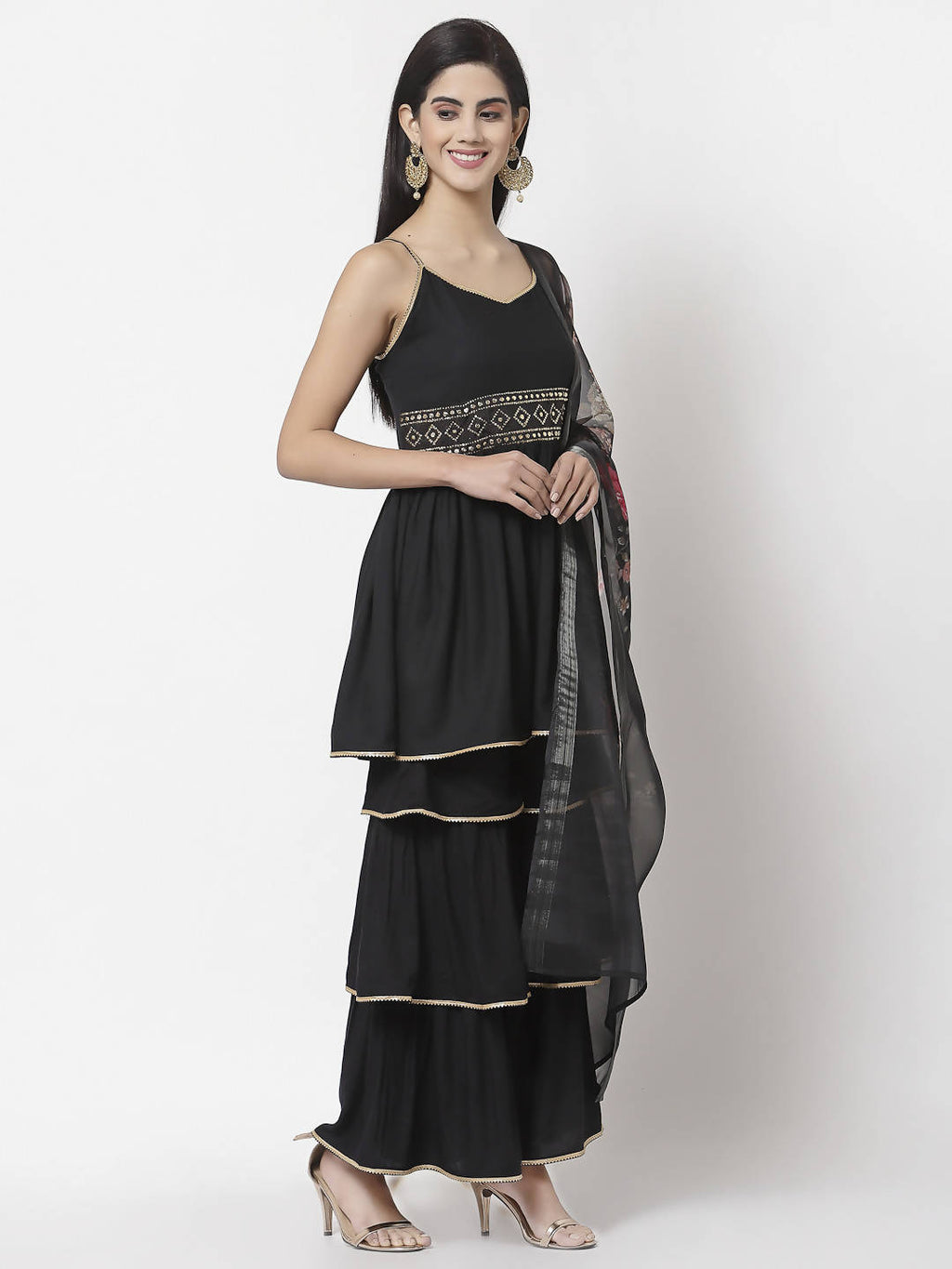 Myshka Women Black Rayon Solid Sleeveless Round Neck Kurta With Sharara & Dupatta Set