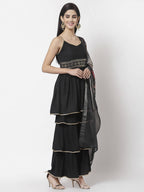 Myshka Women Black Rayon Solid Sleeveless Round Neck Kurta With Sharara & Dupatta Set