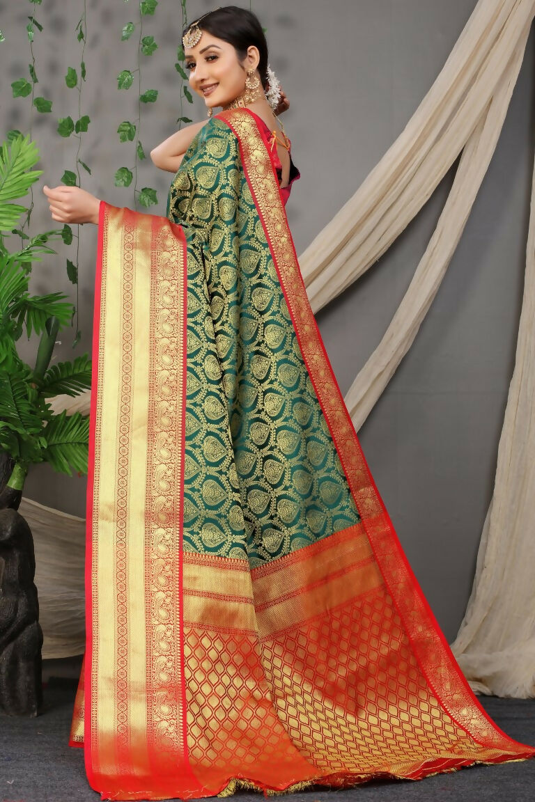 Jyoti Fashion Women's Green Kanjivaram Silk Zari Woven Saree with Blouse