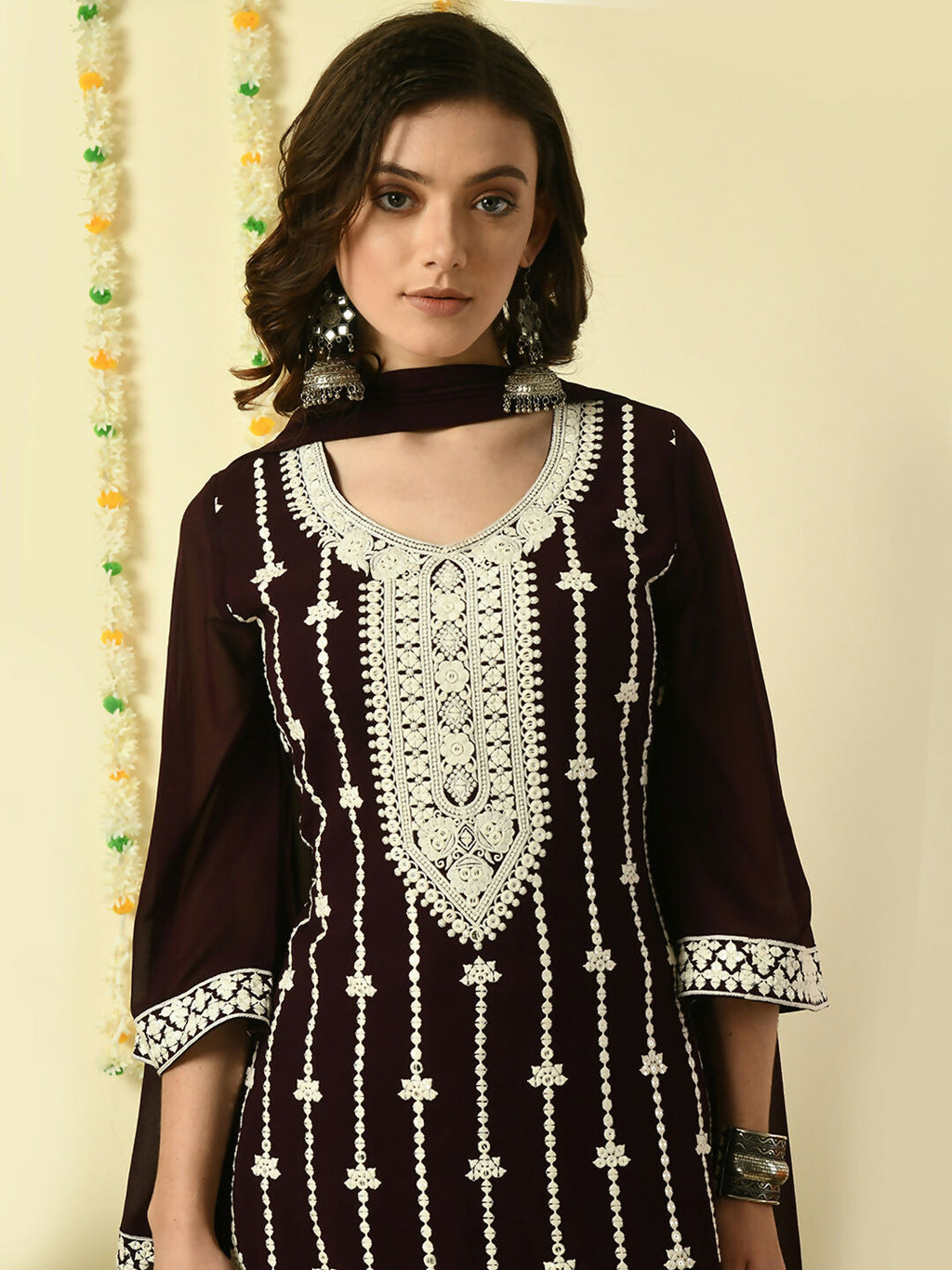 Myshka Women's Coffee Brown Georgette Kurta & Palazzos With Dupatta Party Sets