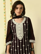 Myshka Women's Coffee Brown Georgette Kurta & Palazzos With Dupatta Party Sets