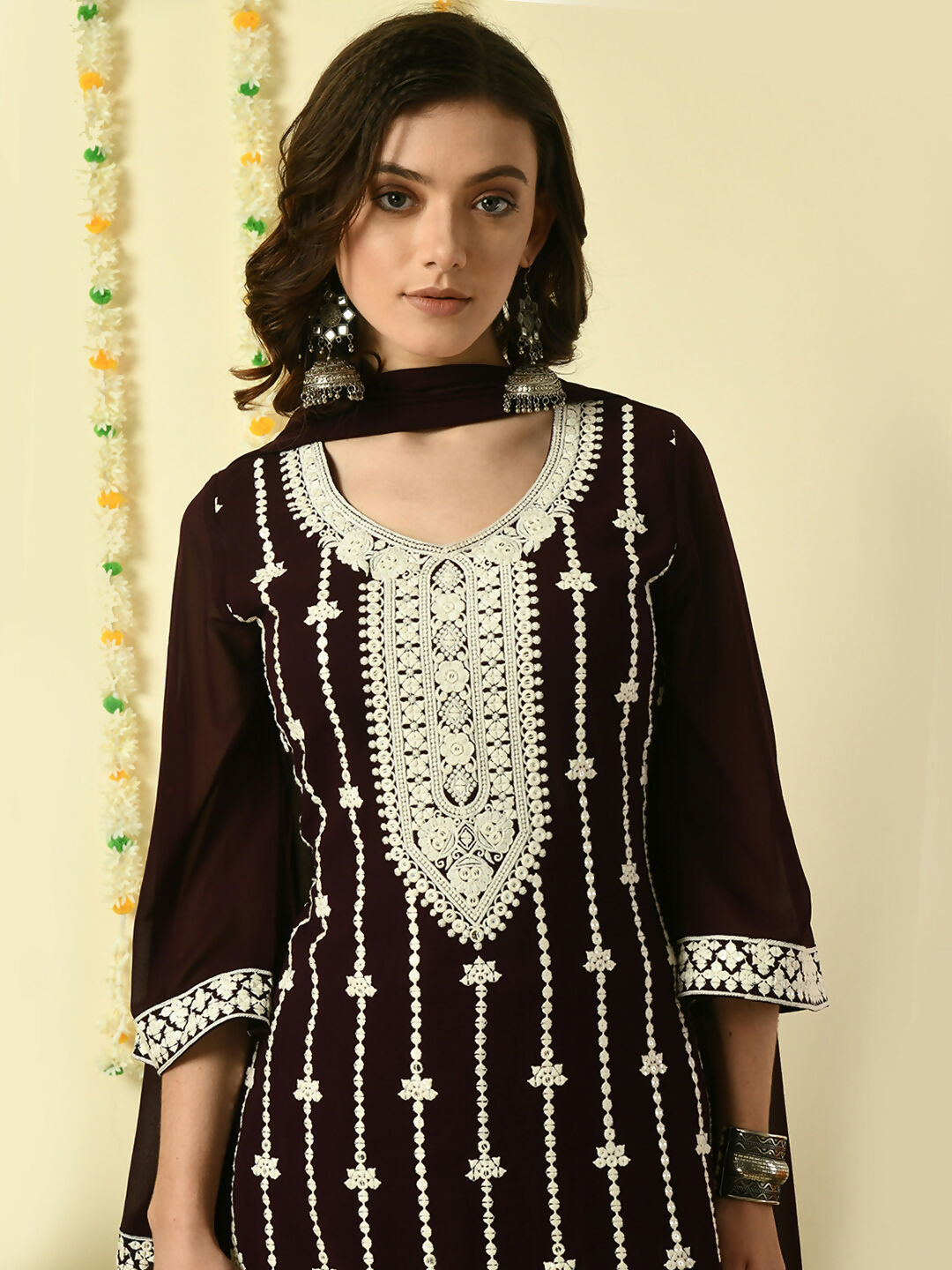 Myshka Women's Coffee Brown Georgette Kurta & Palazzos With Dupatta Party Sets