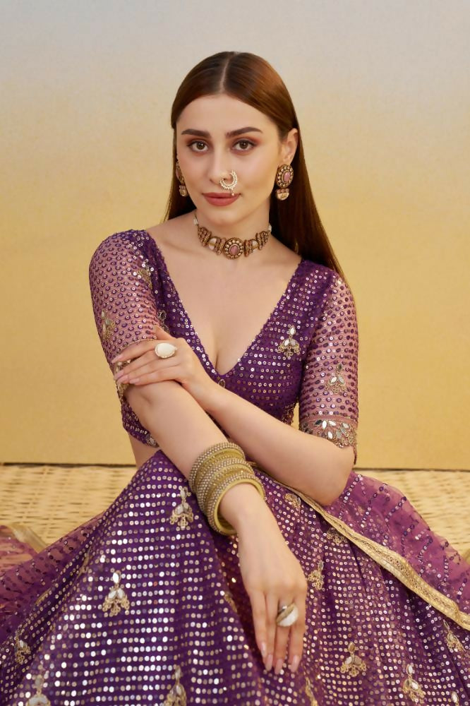 Aastha Fashion Dark Purple Butterfly Net Tone To Tone Thread Work, Sequence Work And Original Mirror Work Embroidery Wedding Wear Lehenga Choli