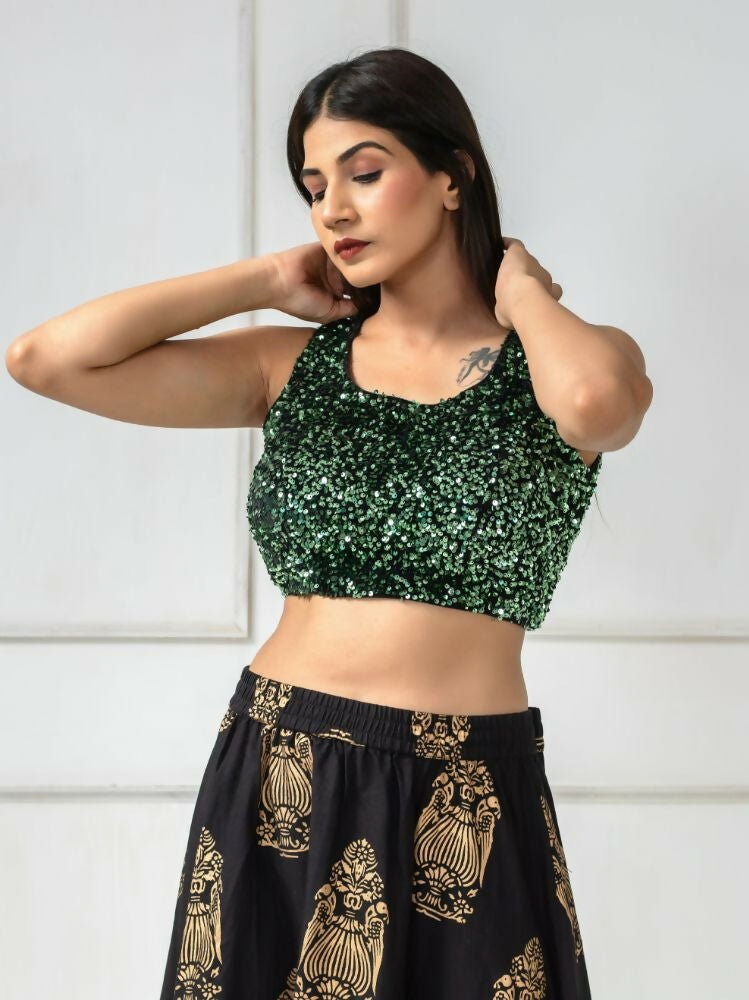 Amodini Designer Studio Women's Velvet Green Sleeveless Blouse