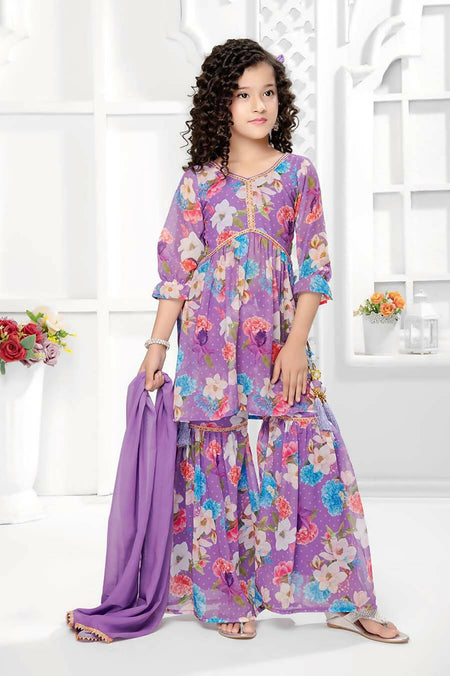 Kids Functional Designer Lavender Digital Flower Print On Georgette Shrara Suit - Aaradhna