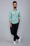 Miravan Men's Cotton Green Floral Printed Slim Fit Shirt