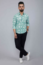 Miravan Men's Cotton Green Floral Printed Slim Fit Shirt