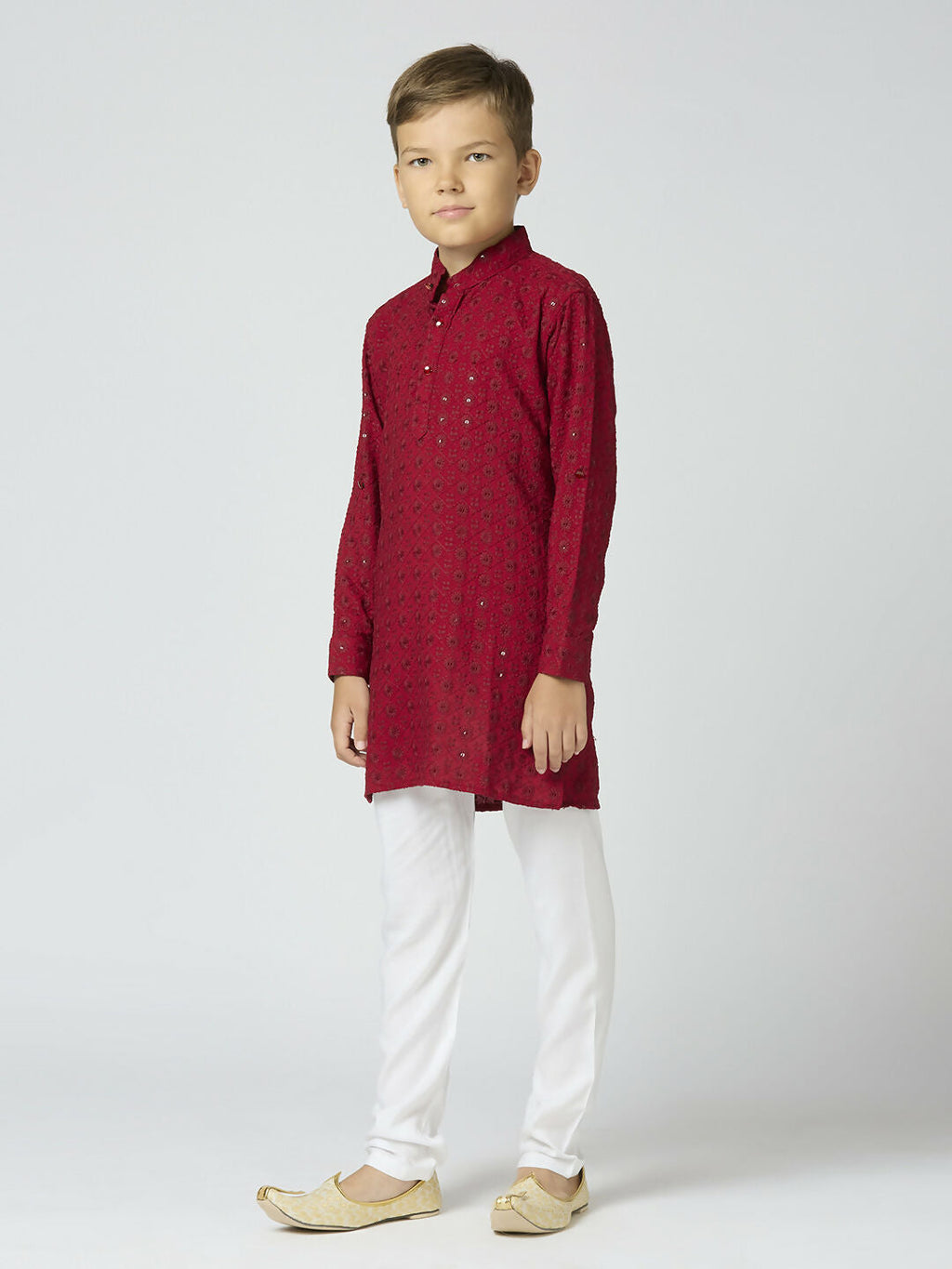Joban Fashion Kids Island Full Sleeves Cotton Kurta and Pyjama Set with Sequin work - Maroon - Distacart