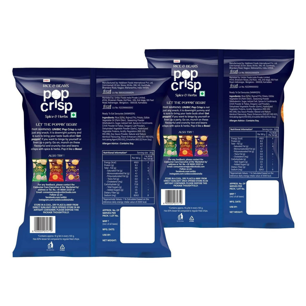Unibic Pop Crisp Rice And Beans Popped Chips - Distacart