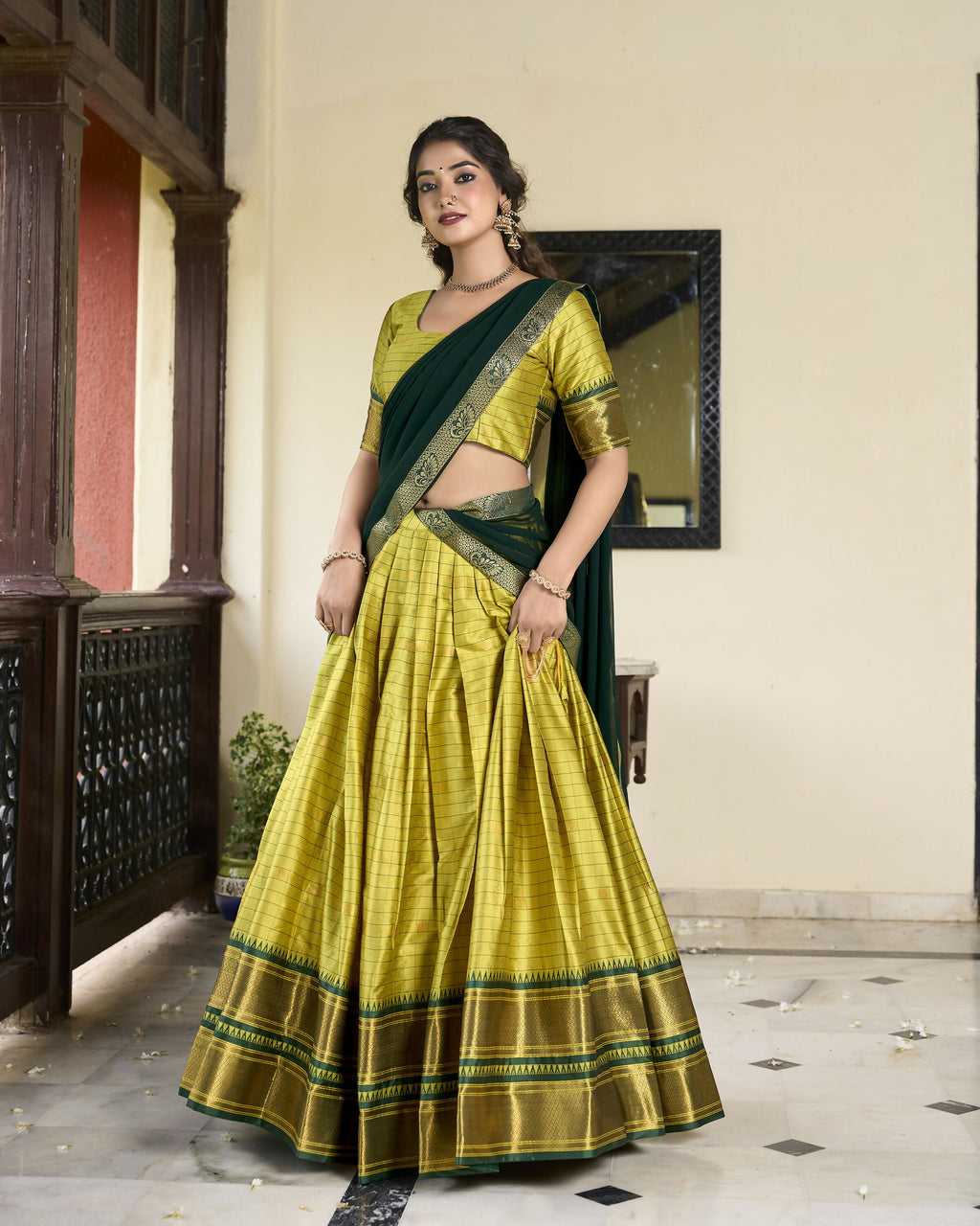 Lorenvalley Parrotgreen Cotton Silk Weaving Work With Paithani Concept Lehenga Choli