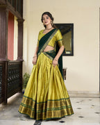 Lorenvalley Parrotgreen Cotton Silk Weaving Work With Paithani Concept Lehenga Choli