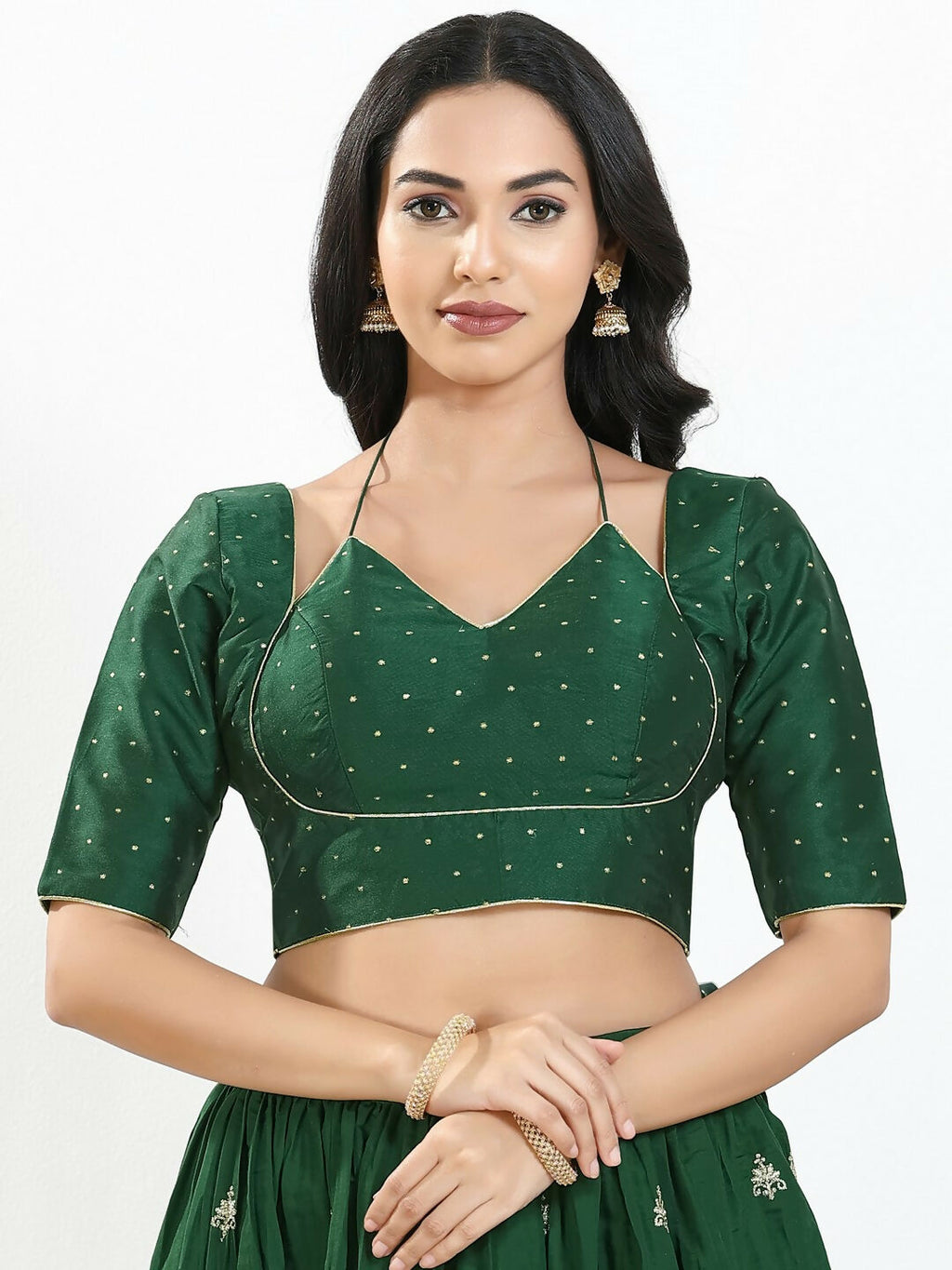 Joban Fashion Bottle Green Brocade Padded Blouse With Sweetheart Neck Elbow Sleeves - Distacart