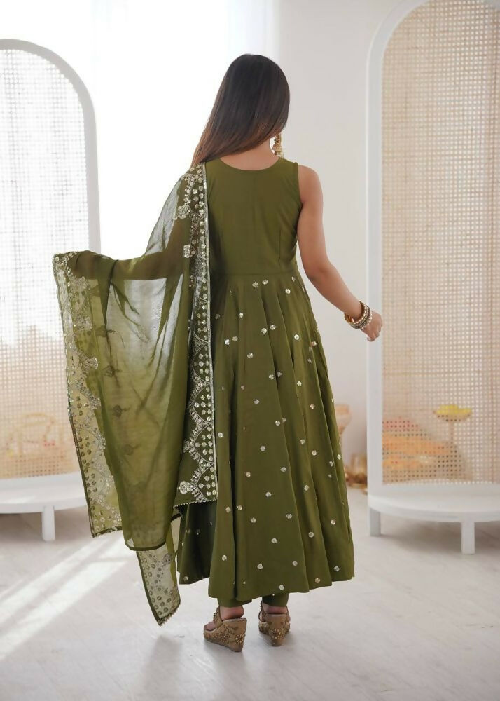 Teeya Creation Green Color Roman Silk Embroidery Work Party Wear Gown - Distacart