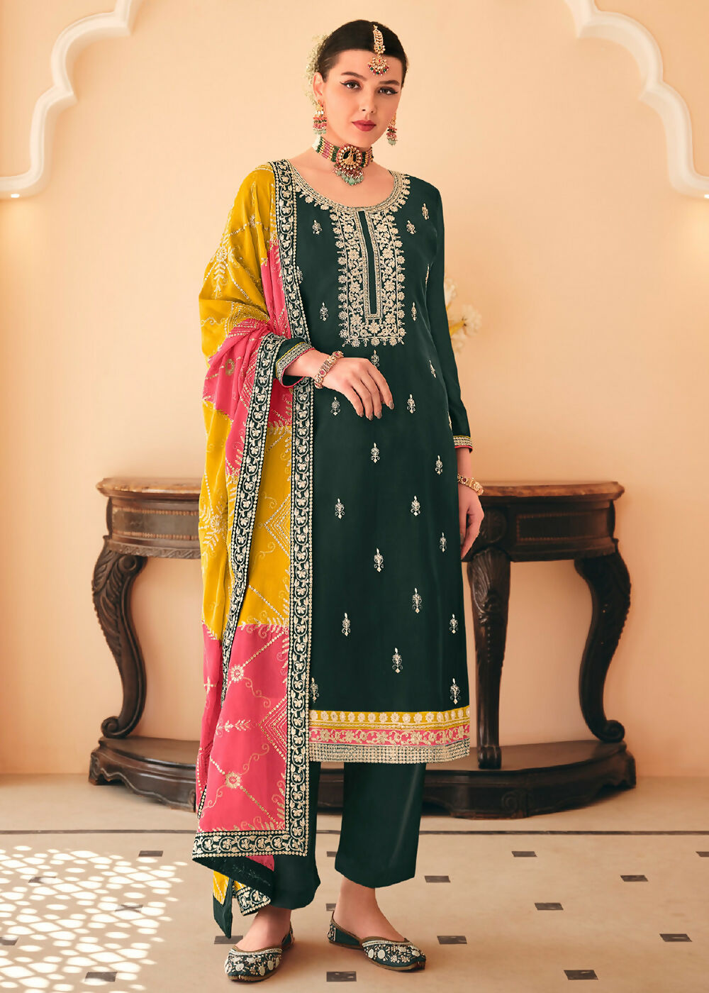 Dazzling Green Embroidered Chinnon Palazzo Salwar Kurta - Emponline