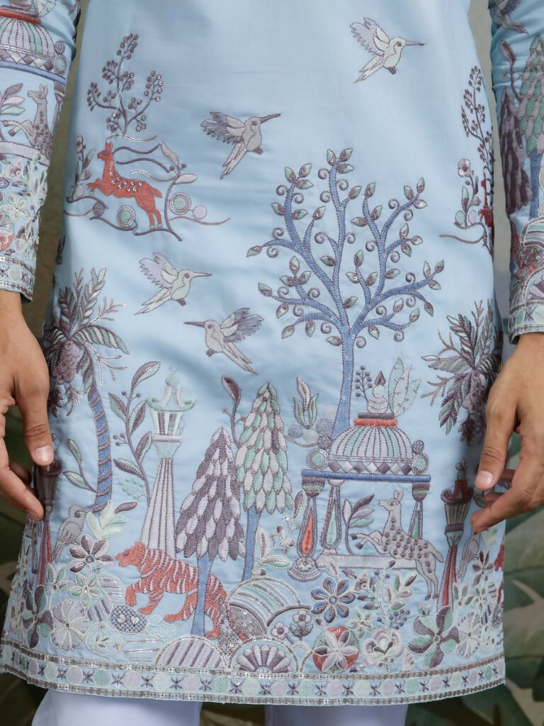 Vastranavya Sky Blue Exclusive Festival Wear Viscose Silk Thread & Sequence Embroidered Work Kurta