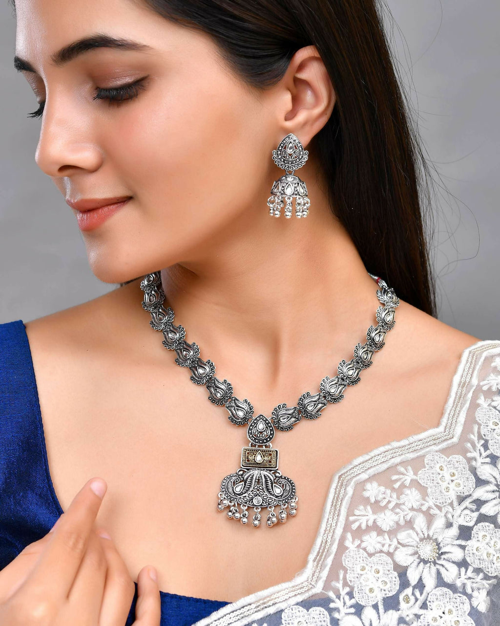VOJ Dual Toned Oxidized Necklace With Earrings Set